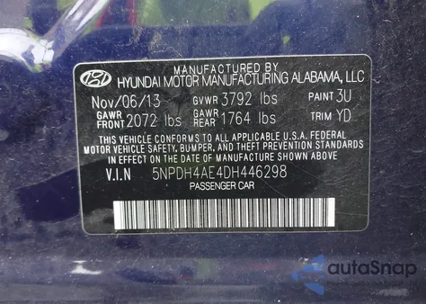 2013 Hyundai Elantra Limited z USA, uszkodzony, nr VIN 5NPDH4AE4DH446298